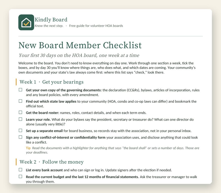 The first page of the New Board Member Checklist: Week 1, get your bearings; Week 2, follow the money; Week 3, contracts, records and handover