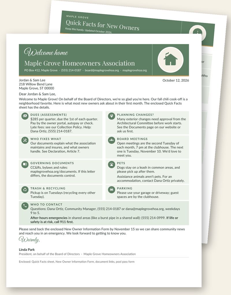 The New Owner Welcome Letter and Quick Facts sheet, filled in for an example association